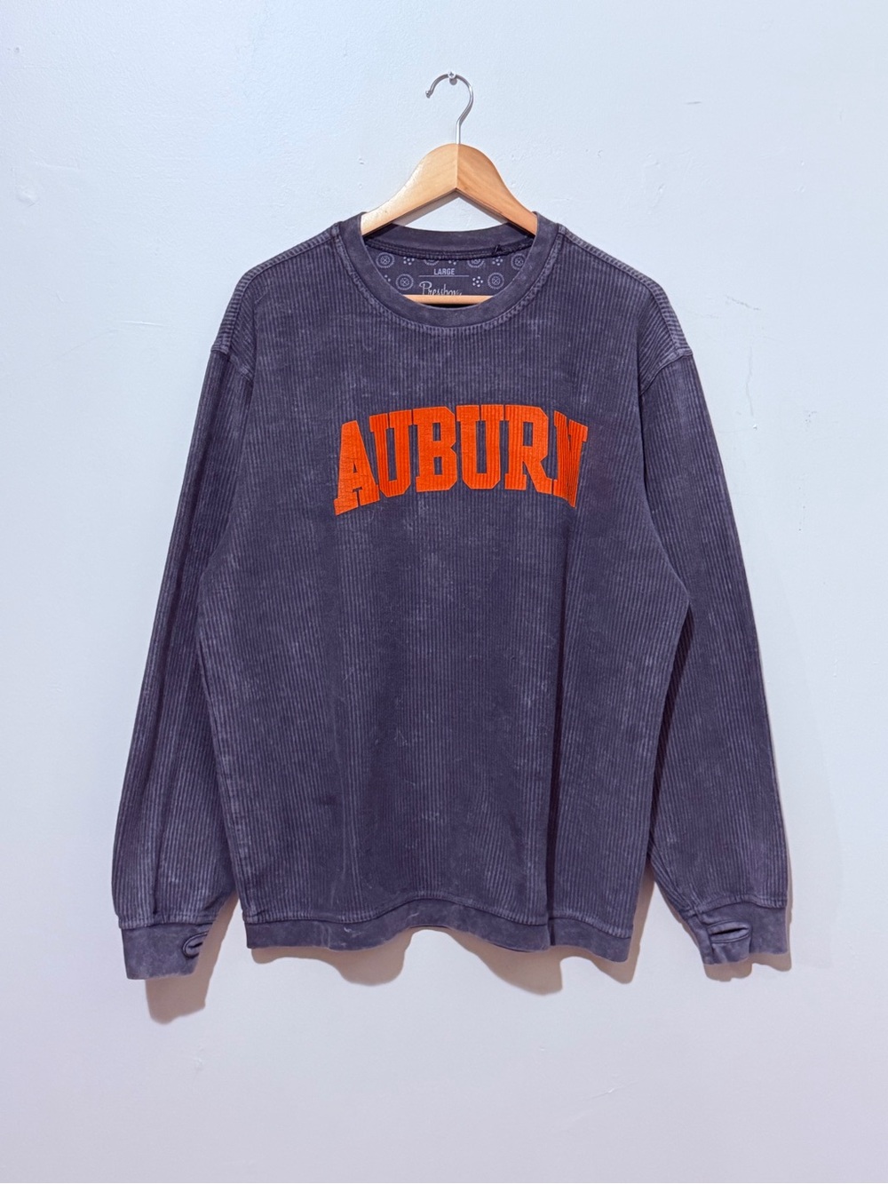 Pressbox Charcoal Corded Crewneck with Orange Auburn Lettering